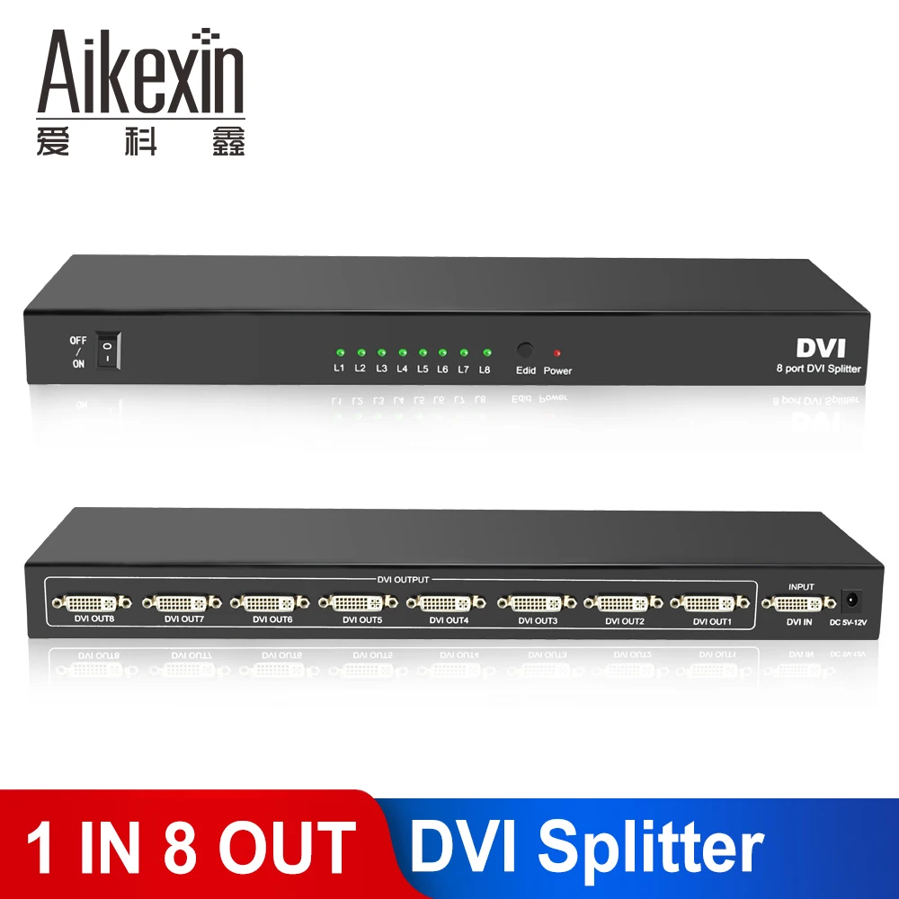 Разветвитель DVI Aikexin разветвитель 1 в 8 Выход Поддержка 1920x1200 до 1080P с адаптером
