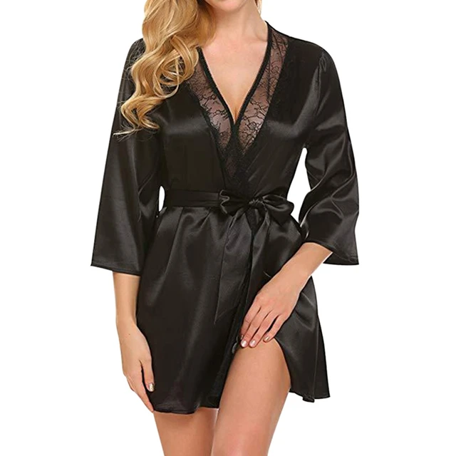 Simple Style Loose Robes Faux Silk Sleepwear With Belt Women Bathrobe ...