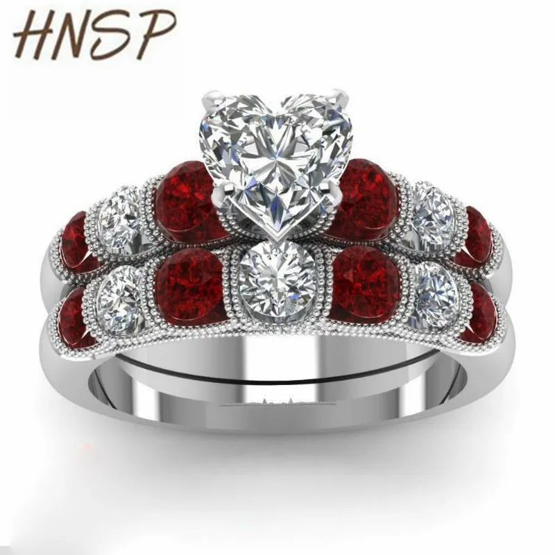 

HNSP Red zircon crystal heart ring for women Engagement wedding jewelry Female Rings Set Anel