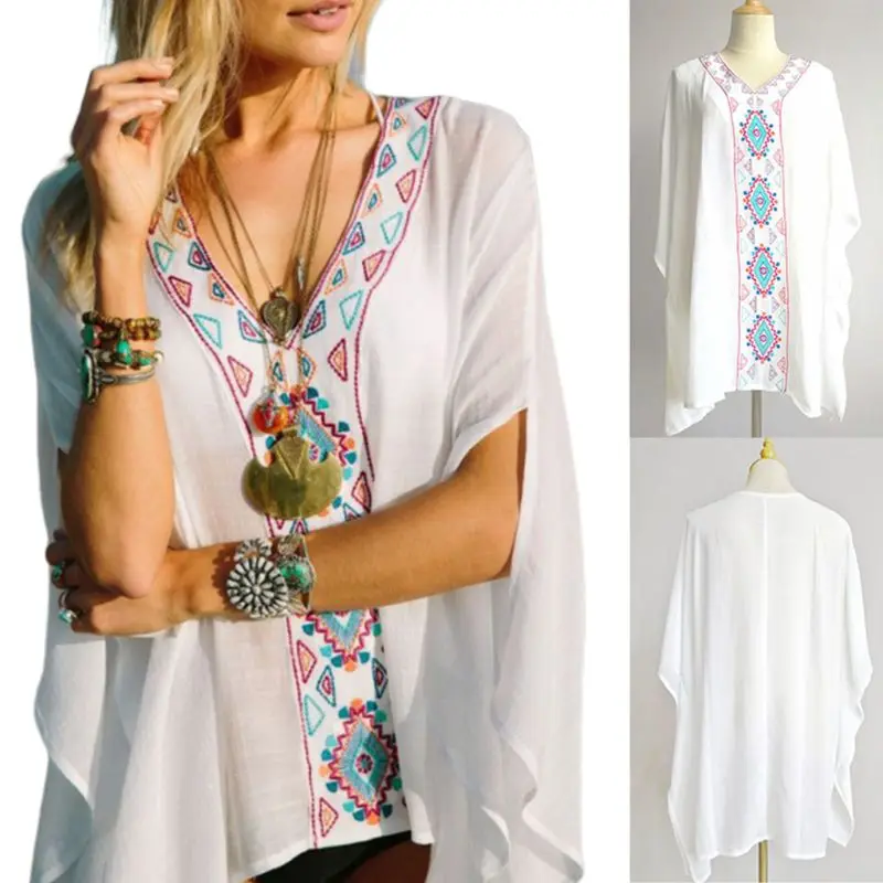 

Women Chiffon Half Batwing Sleeves Pullover Tops Ethnic Embroidered Deep V-Neck Swimsuit Cover Up Oversized Semi Sheer Blouse