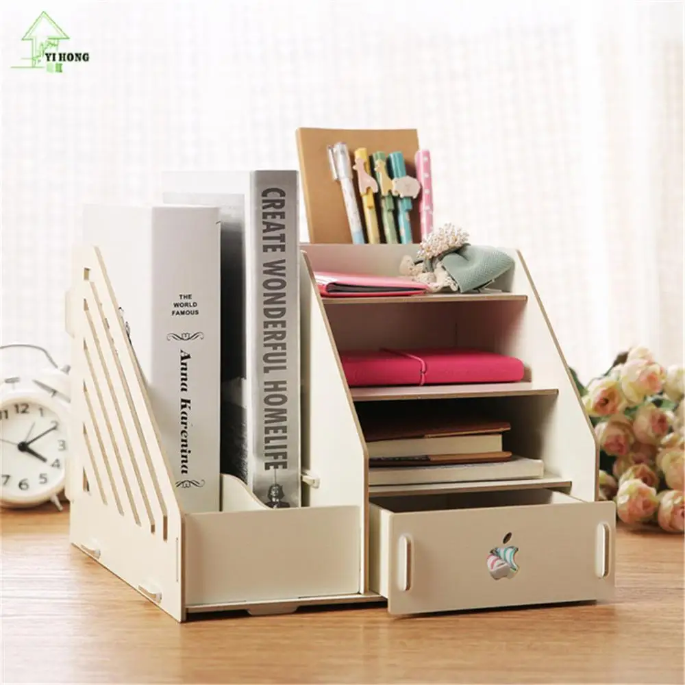 

YIHONG Multi-function Wooden Desktop Storage Folder Make Up Organizer Storage Box Stationery Cosmetic Admission Wood Racks