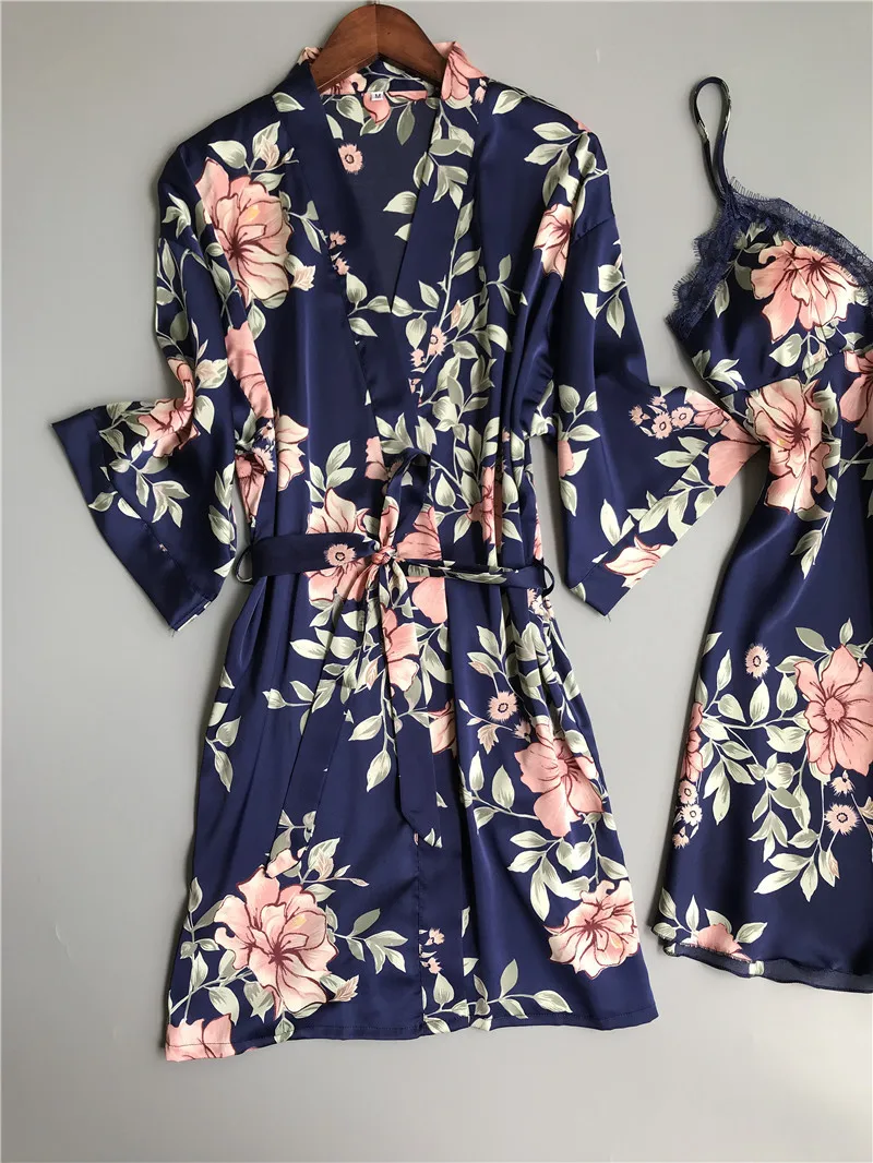 Fiklyc/брендовый комплект из двух предметов, женский халат с цветочным принтом и коротким рукавом + мини-ночная рубашка, комплект одежды