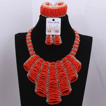 

2017 Fashion Africa Dubai Indian Wedding Beads Set Orange Gold Necklace Earrings Bracelets Girl Jewelry Sets Free Shipping
