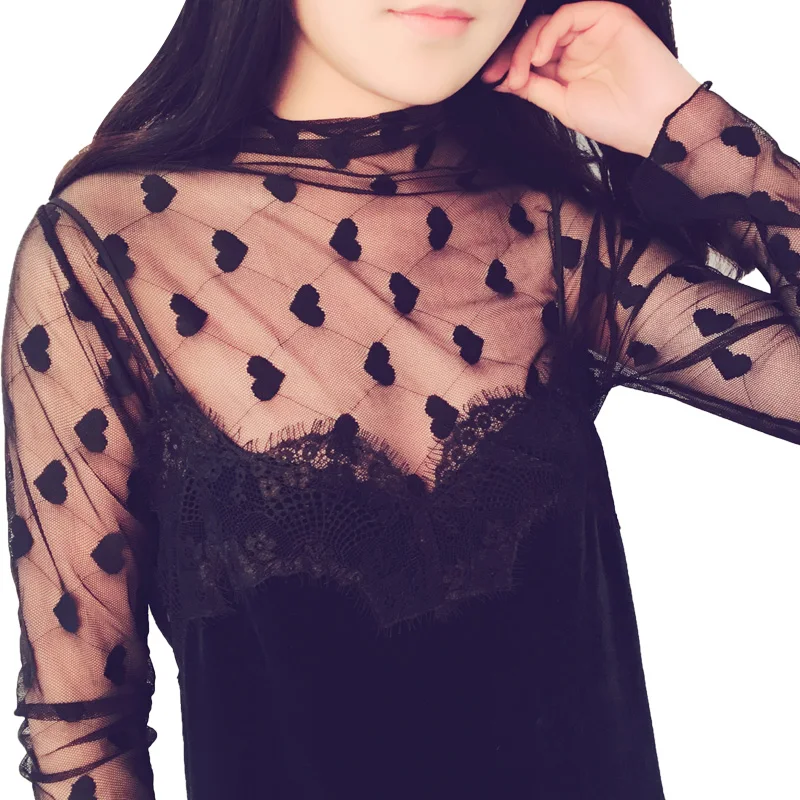 

2019 Sexy Transparent T-Shirts Females Turtleneck Mesh Shirt Women See Through Printed Large Net Tops Ladies Basic Top