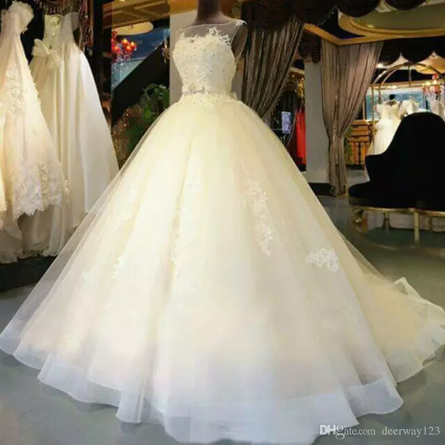 Beautiful A-Line Sleeveless Tulle Wedding Dresses Illusion Neckline Appliques Elegnat Bridal Gowns Custom Made Court Train 2019 | Свадьбы и