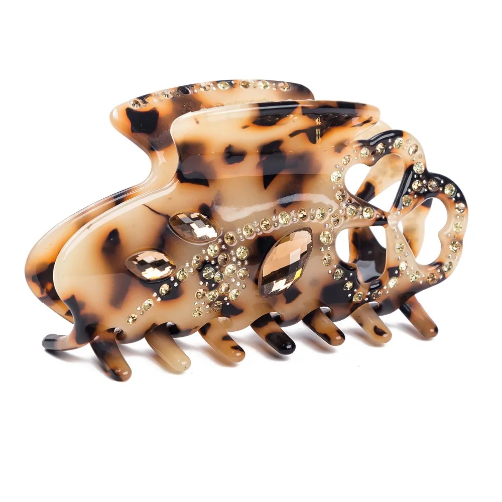 1 pc 9cm Celluloid Hair Claw Luxury Rhinestones Handmade French Design Flower Tortoise Shell Accessories Women Hair Clip