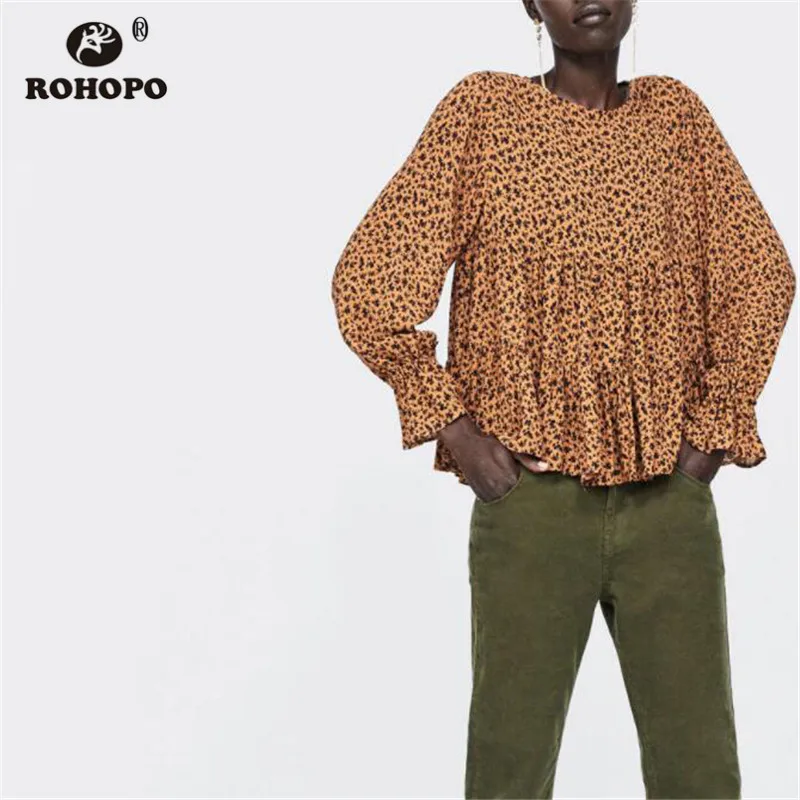 

ROHOPO Women Autumn Long Sleeve Printed Tiny Floral Blouse Butterfly Sleeve Flared Ruffles Pullover Top Shirt #OYK8745