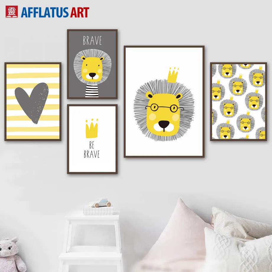 AFFLATUS желтый лев сердце стены Искусство Печать холст живопись скандинавский плакат мультфильм настенные картины для детской комнаты детская комната Настенный декор