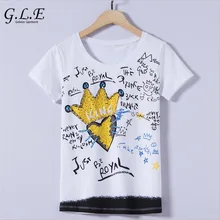 

Geleier 2018 fashion high quality short sleeve T-shirt women handmade beaded King Crown sequins O-neck women t-shirts large size