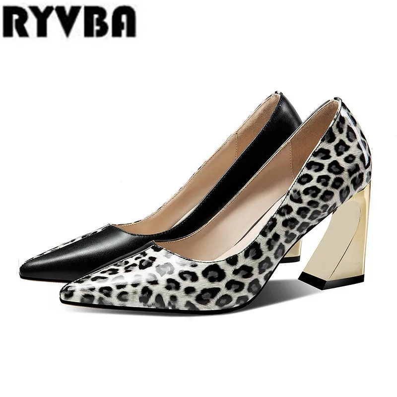 

RYVBA new arrival 2019 woman genuine leather mixed colors sauqre high heels pumps women summer pointed toe shoes autumn ladies