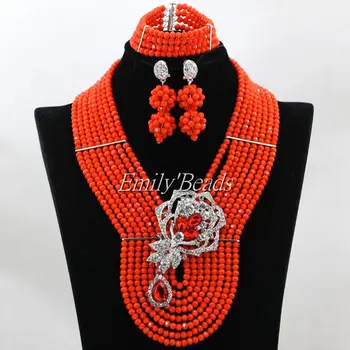 

Elegant African Fashion Statement Necklace Set Orange Crystal Beads Nigerian Wedding African Jewelry Set Free Shipping ALJ316