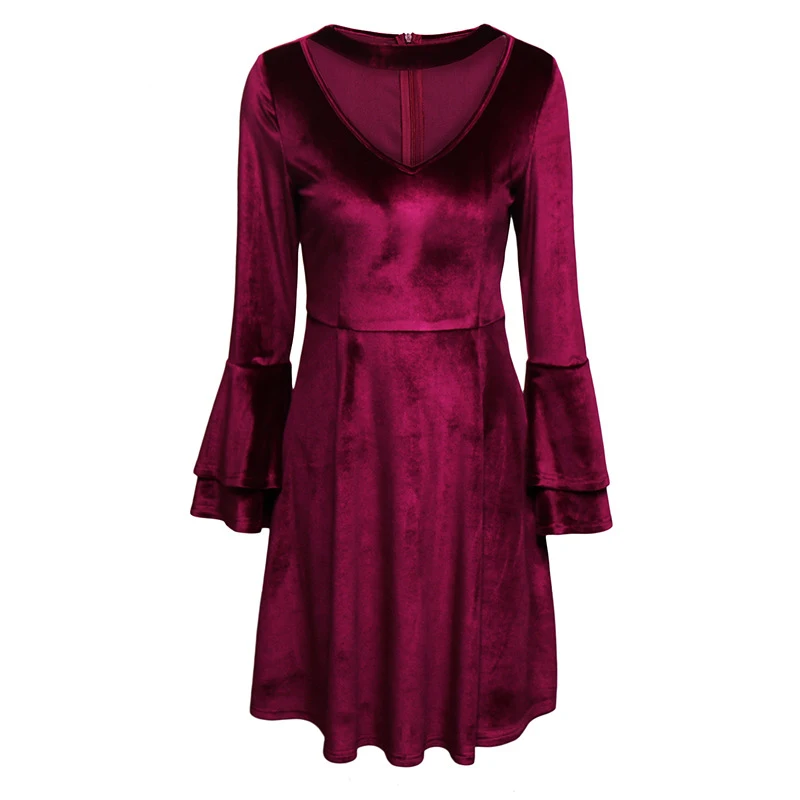 Velvet Dress Women Party Dresses 2017 V Neck Ruffle Long Sleeve Vintage Gothic Sexy vestidos mujer Office Flared Dress Wine Red