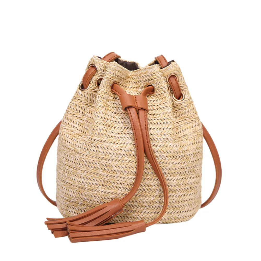 

2019 Straw Shoulder Bag Hip Hop Fashion Solid Color High Capacity Weave Tassels Leather Shoulder Bag Women Bucket Bag