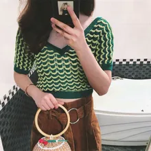 Summer 2019 New Wind Retro Wave Edge Stripe V-neck Temperament Short Knitted Blouse Women Pullovers V-Neck Sweaters Women