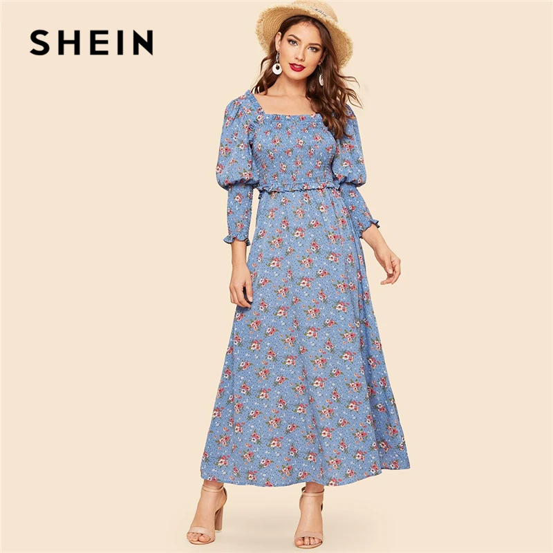 SHEIN/синее платье макси с квадратным вырезом и цветочным принтом, модель года, Осеннее женское платье с длинным рукавом, винтажное длинное платье