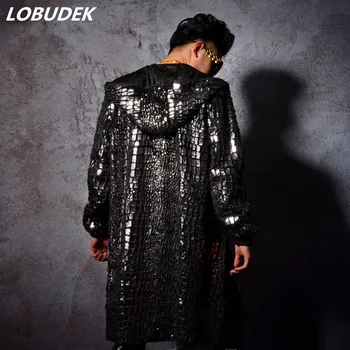 

Men Faux Leather Black Long Cloak Windbreaker Tide Male Cool dust coat Trench Stage Hip Hop Costumes Prom Bar Singer show outfit