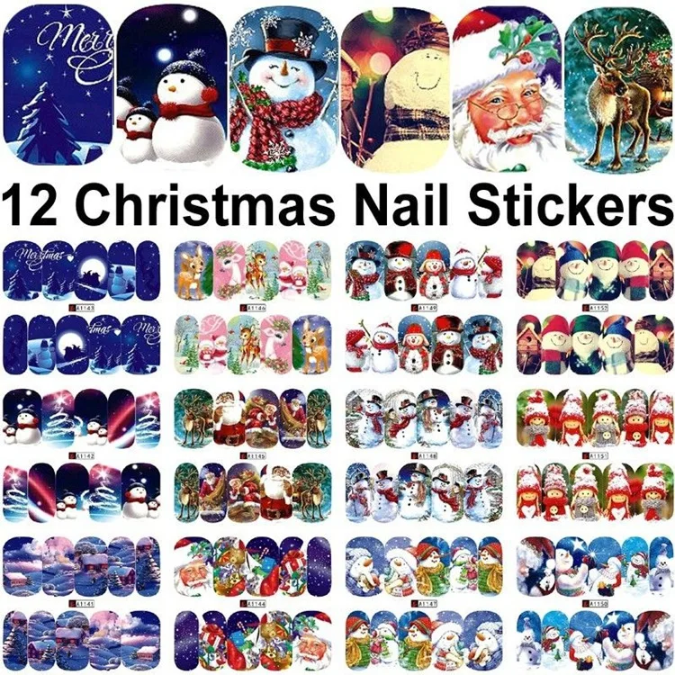 12 Sheets Christmas Mixed Decals Xmars Nail Stickers Full Wraps Santa/Tree/Snowflake Tip Decor DIY Beauty Art | Красота и здоровье
