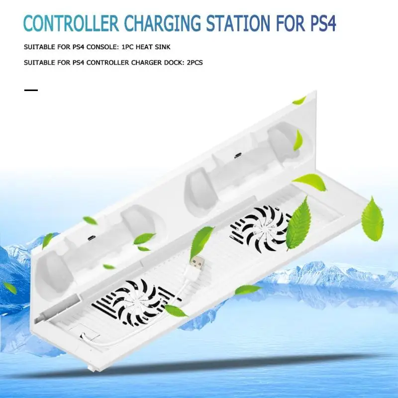 Gaming Vertical Stand Dock Mount Game Console Cooling Fan Dual Gamepad Controller Charging Station for PS4 White
