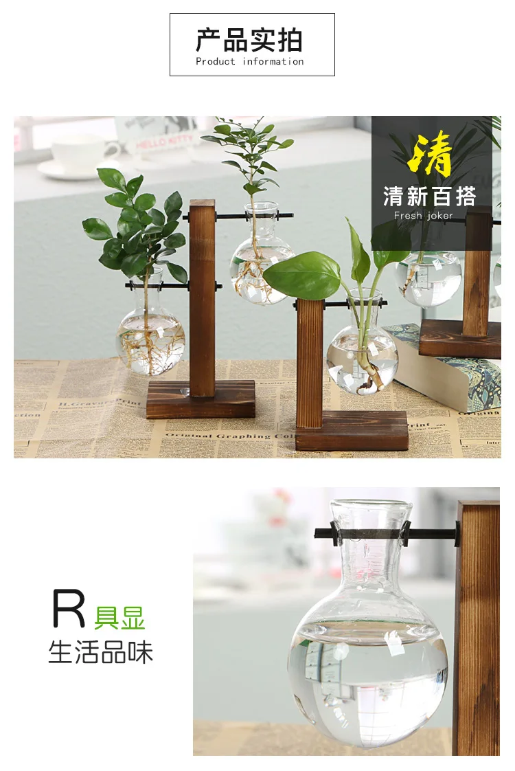 Terrarium Hydroponic Plant Vases Vintage Flower Pot Transparent Vase Wooden Frame Glass Tabletop Plants Home Bonsai Decor