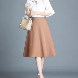 Женская элегантная юбка миди Офисная Женская высокая талия трапециевидная юбка однотонная корейская мода Хаки абрикосовый синий черный