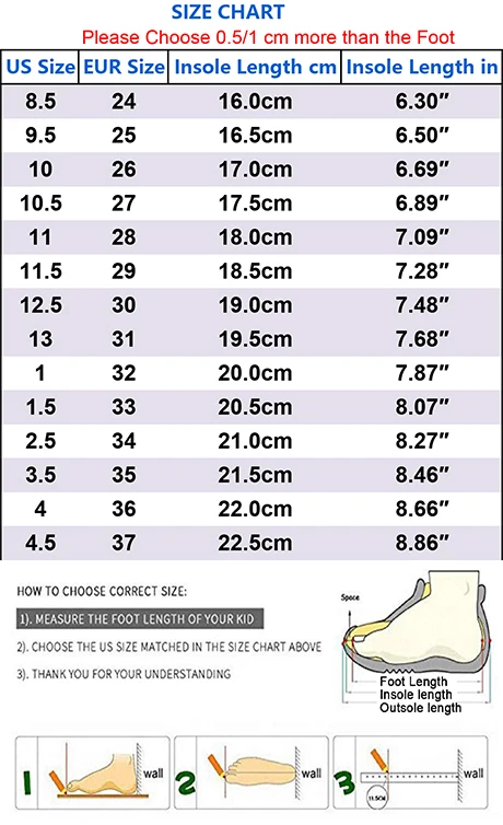 girls footwear size chart