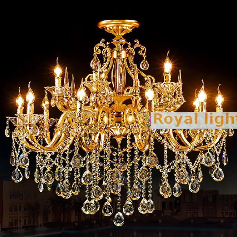 Royal 15 pcs Gold hotel Chandelier lighting for Sitting room K9 crystal