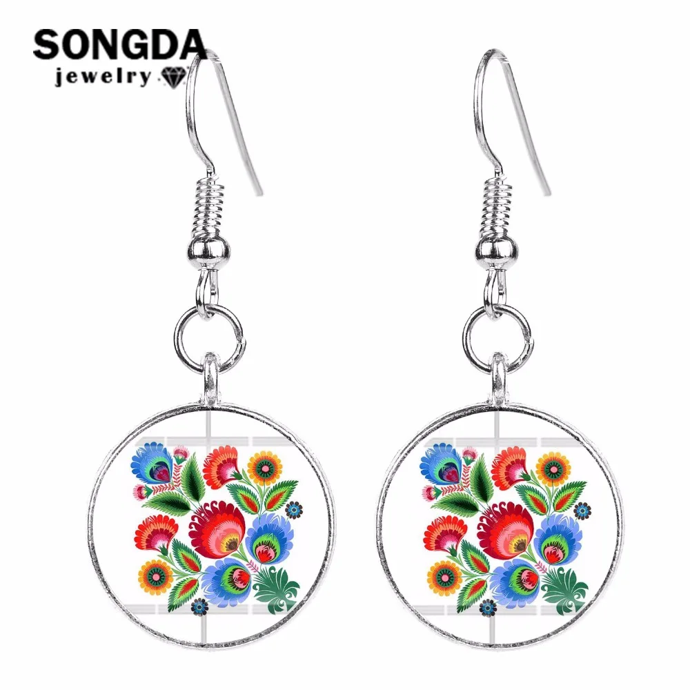 

SONGDA Polish Folk Art Pattern Earrings Ethnic Bohemia Animal Flower Print Round Drop Dangle Earrings for Women Fashion Jewelry