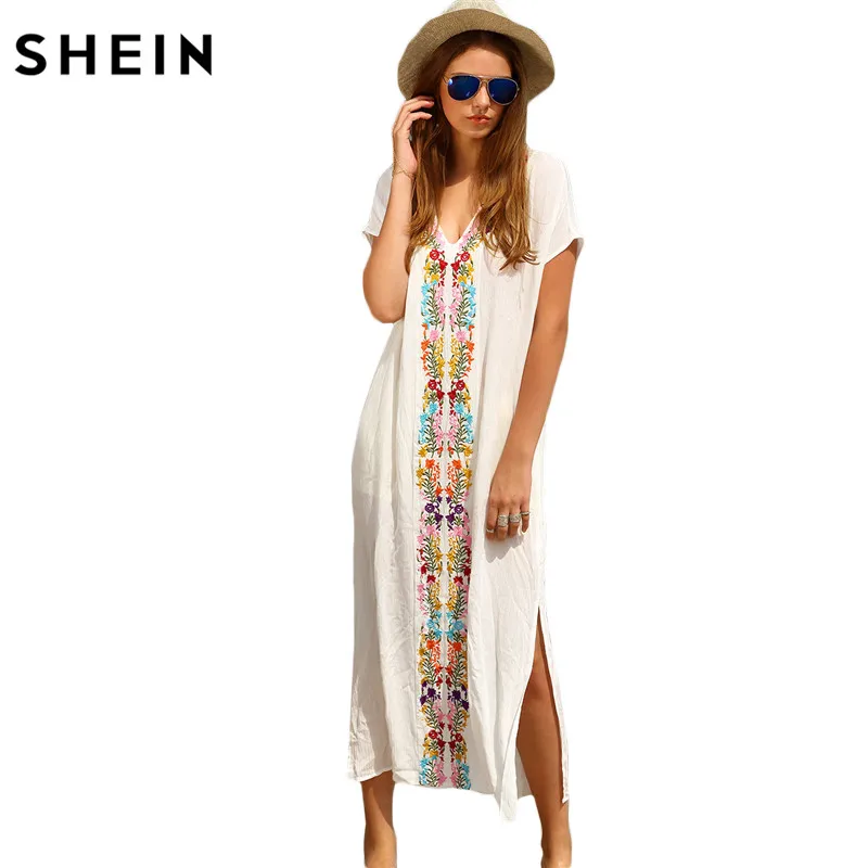 SHEIN Summer Beach Long Dresses for Women Boho White Embroidery V Neck Short Sleeve Placement Print