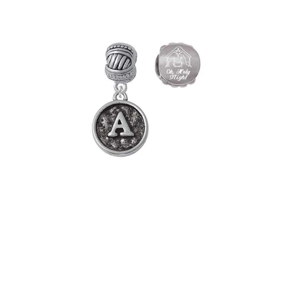 Silvertone Antiqued Round Seal - Initial - A - Come Let us Adore Him Charm Beads (Set of 2)
