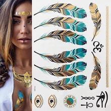 1 folha de flash boho metálico de ouro, penas brilhantes, joias, festival, tatuagem temporária