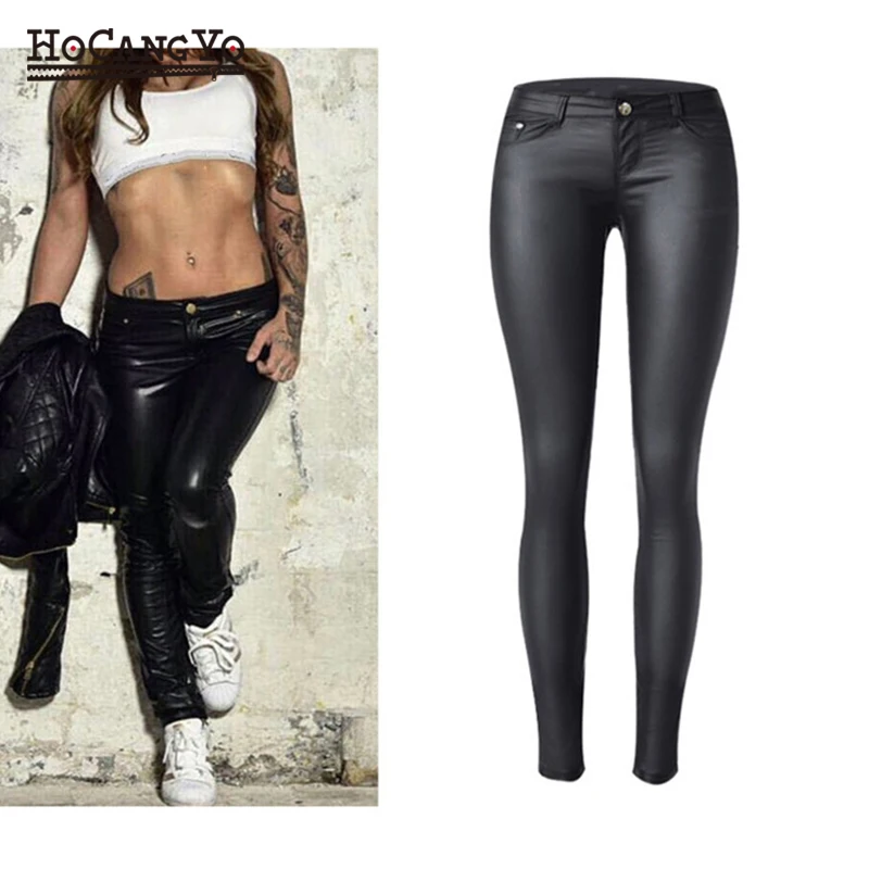 

HCYO Women Low Waist Pants Stretch Washed Coated PU Leather Jeans Women Sexy Skinny Pencil Pants Motorcycle Faux Leather Pant