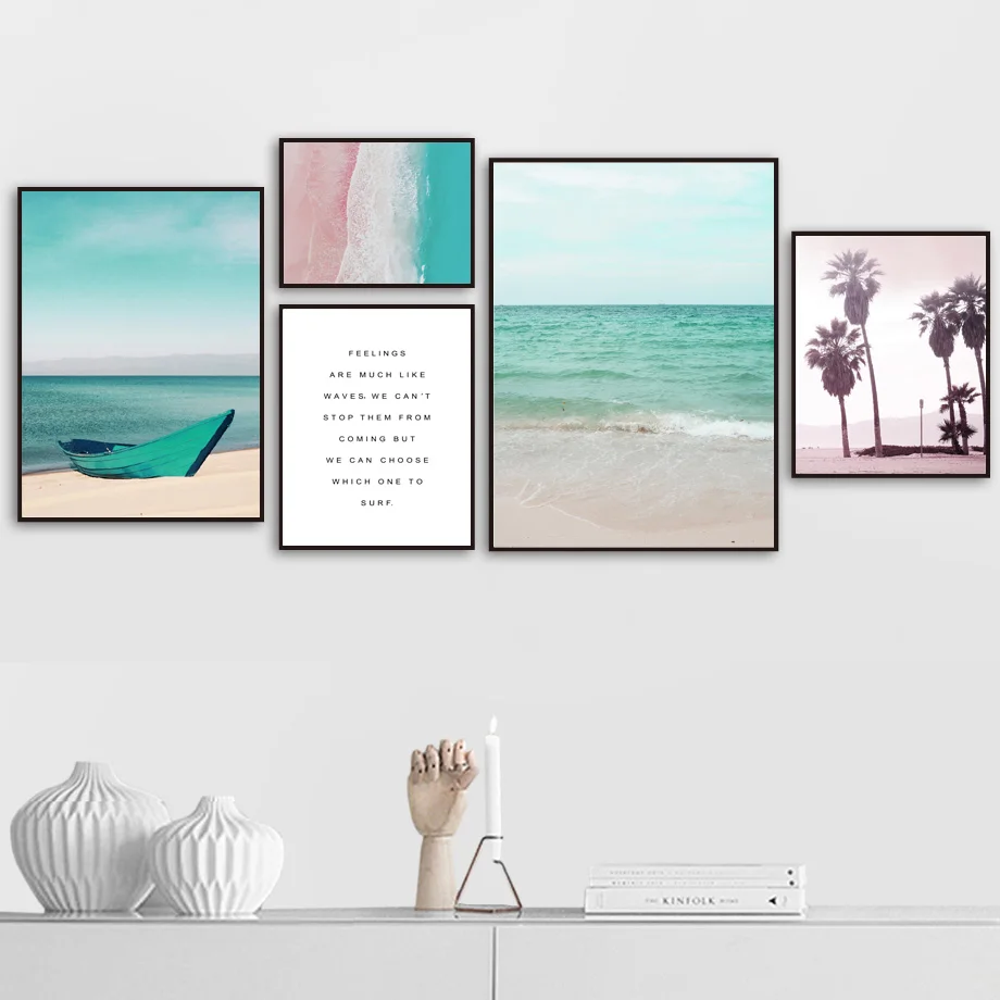 

Pink Palm Tree Boat Sea Beach Landscape Wall Art Canvas Painting Nordic Posters And Prints Wall Pictures For Living Room Decor