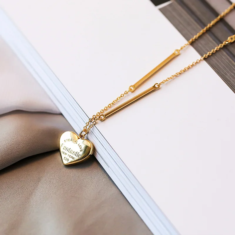 

New Simple Love Letter Short Necklace For Women Heart Key Pendant Necklace Stainless Steel Statement Clavicles Collar
