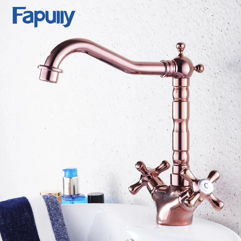 

Fapully Dual Cross Handle Bathroom Basin Faucet Sink Deck Mount Ross Gold Tap Hot And Cold Mixer Tap Vintage Brass Faucet 593