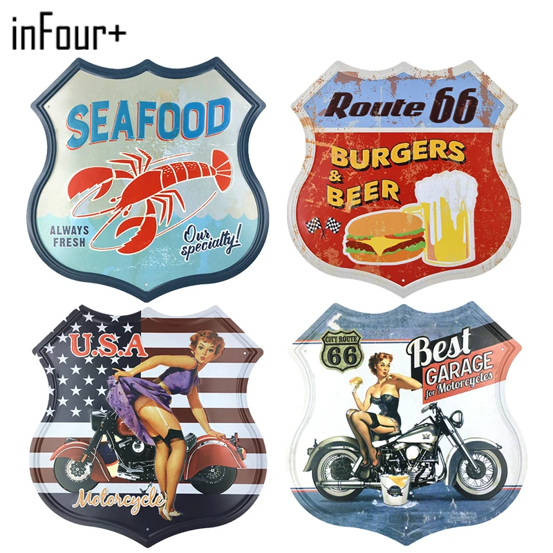 [inFour+] New Shield 66 Route Sign Metal Signs Home Decor Vintage Tin Signs Pub Vintage Decorative Plates Metal Wall Art Plaques