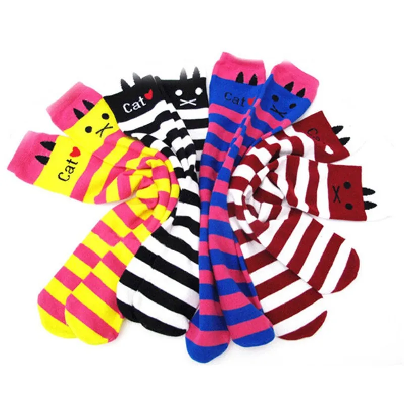 Hot Girls Children Striped Tights Knee High Socks Cute Cat Design Pattern Tights Leg Warmer Kids Knee Socks CL0859 (6)