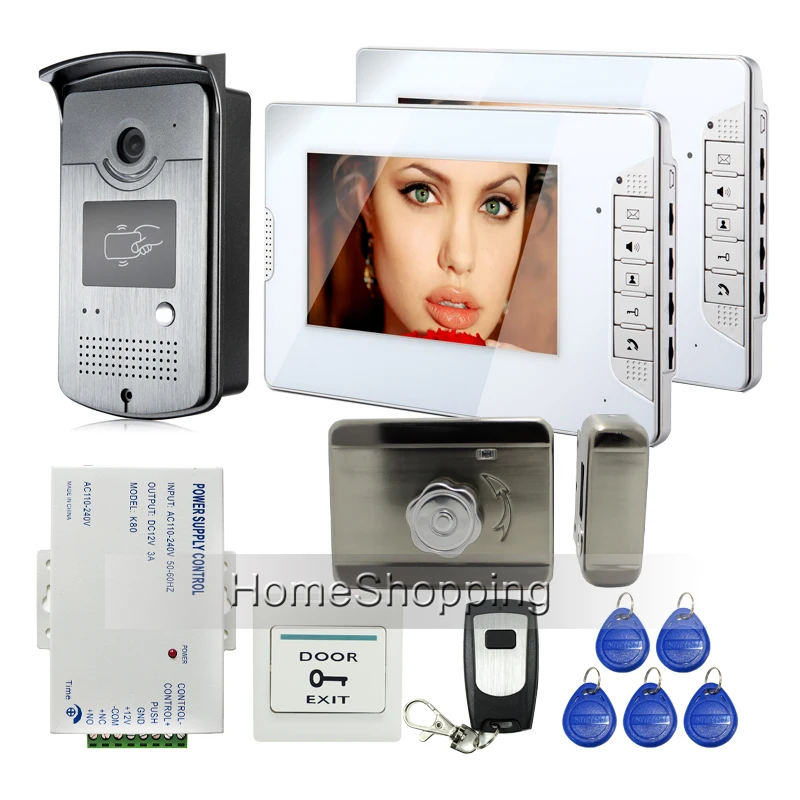 

New 7" Screen Video Door Phone Intercom + 2 Monitors + 1 RFID Access Outdoor Camera + Mute Electric Lock + Remote Free Shipping