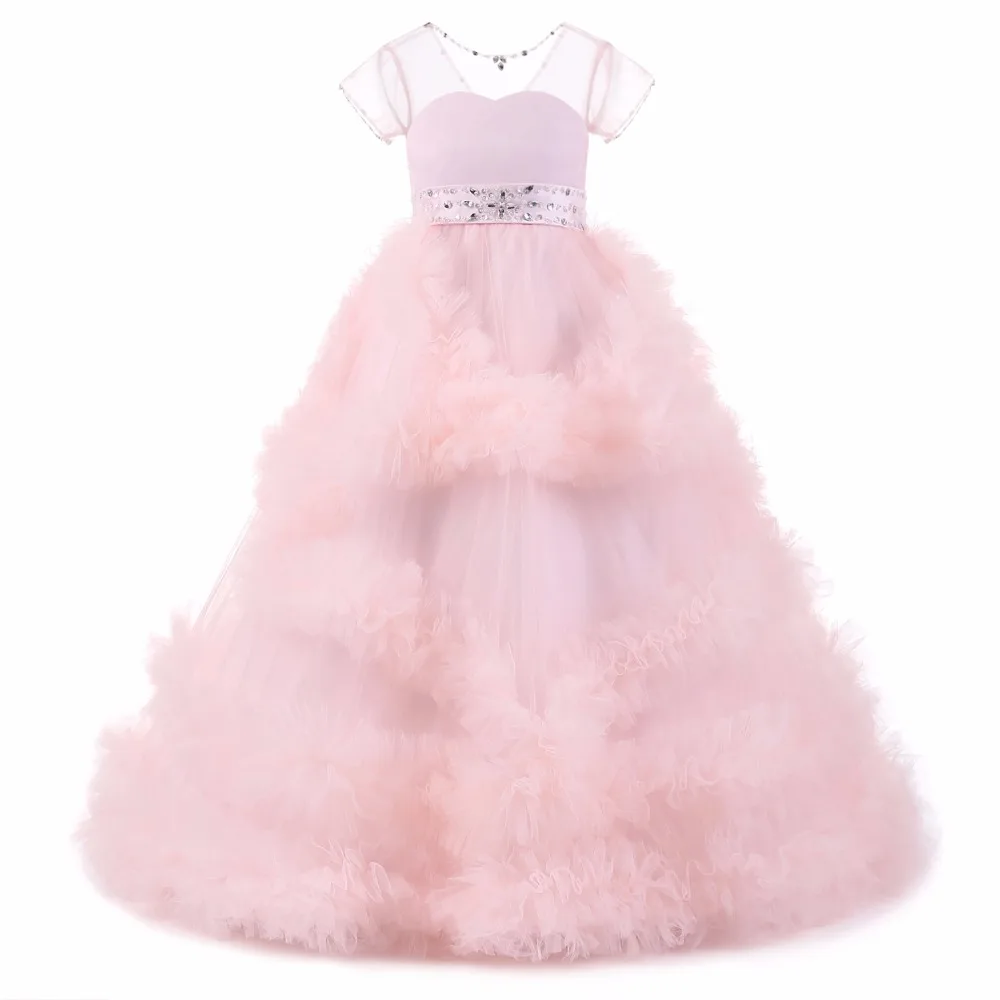 Новое поступление; розовое изысканное кружевное платье принцессы из тюля для девочек; платье до щиколотки для крещения, вечеринки, выпускного бала; платье для девочек на свадьбу, день рождения