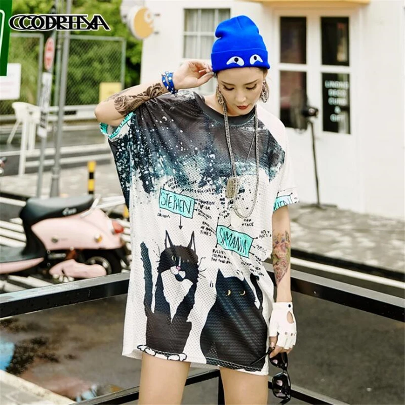 

Trend Brand Big size Summer Women Mesh T-shirts Harajuku 3D Digital Print Cat T-shirt Loose Bat Sleeve T Shirt Women T-shirt Top