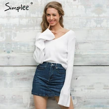 Simplee Sexy White short knitted sweater women Autumn winter flare sleeve pullover 2016 Fashion off shoulder jumper pull femme