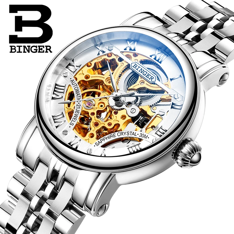 Switzerland luxury font b men s b font watche BINGER brand Hollow Out font b Mechanical
