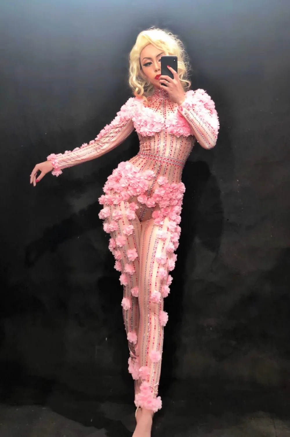 Сексуальные розовые цветы спандекс большой стрейч Стразы комбинезон женский сексуальный костюм для сценического танца наряд для выступлений комбинезоны