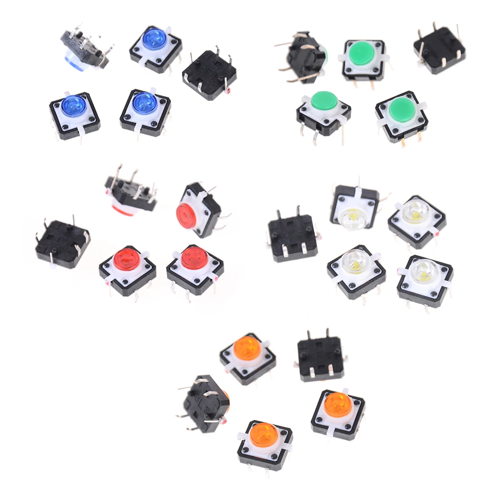 5PCS 12X12X7.3 Táctil Botón Interruptor Momentáneo Tact LED 5 Colores Nuevo
