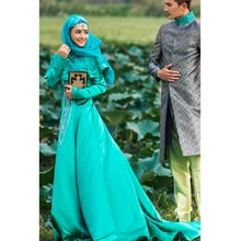 2015 Long Sleeve Muslim Kaftans Evening Dress Dubai Green Embroidery Beaded Arabic Stain Kaftan Islamic Summer Abaya