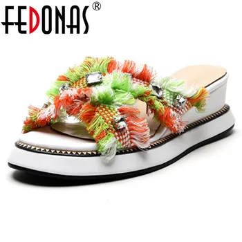 

FEDONAS Women Summer Fashion Flats Sandals Rhinestone Multicolour Fringe Slippers Peep Toe Sandals Casual Dressing Shoes Woman
