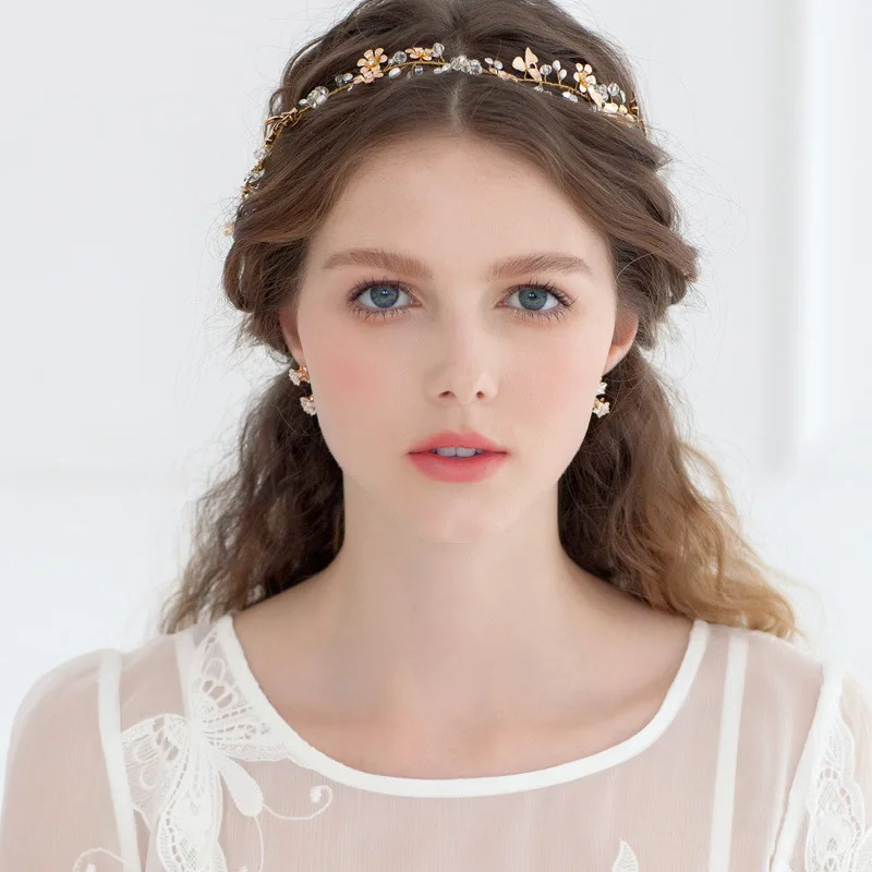 Свадебная шляпа нового дизайна элегантная Золотая Цветочная белая лента Тиара для волос Австрийское Хрустальное оголовье для новобрачных корона аксессуары для волос