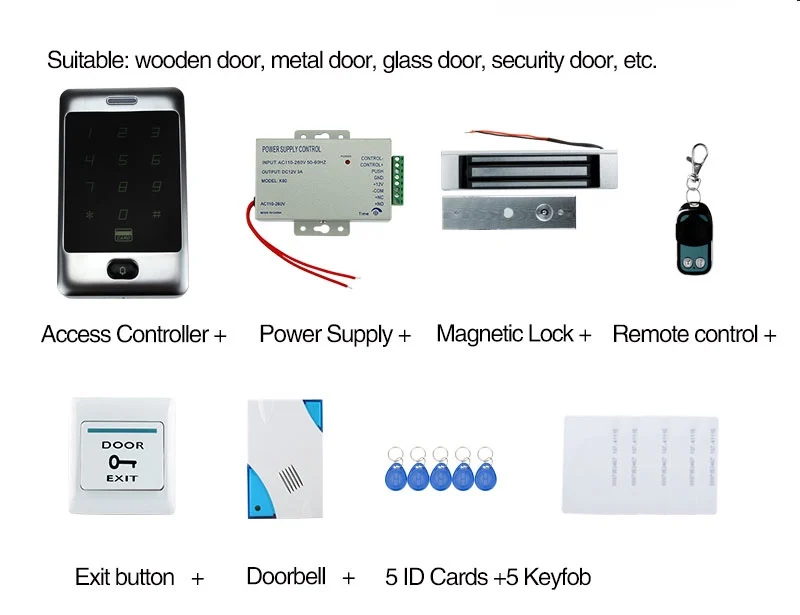 Полностью водонепроницаемый контроль доступа C30 с сенсорной клавиатурой+ магнитный замок 180 кг+ блок питания+ кнопка выхода+ 10 ключей+ пульт дистанционного управления