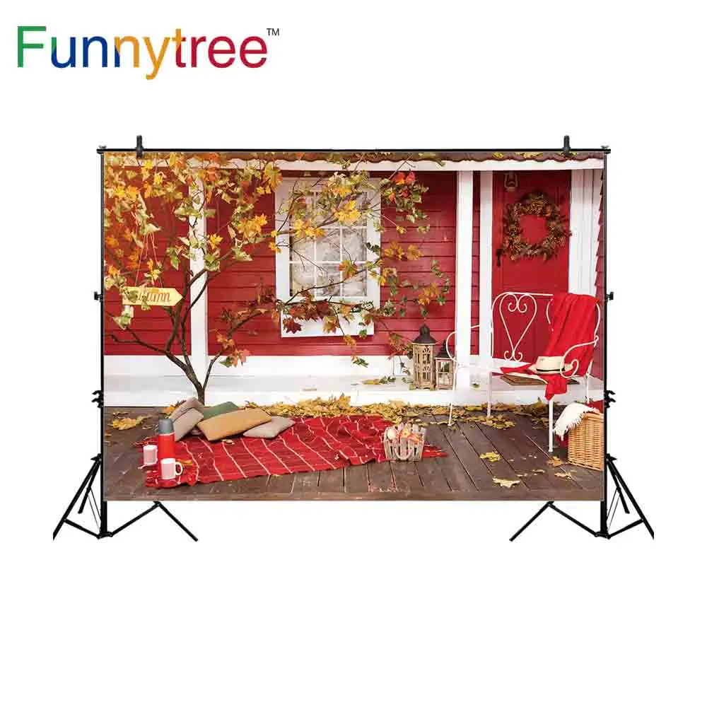 

Funnytree background for photo studio autumn red wooden house tree Christmas photography backdrop photocall photobooth printed