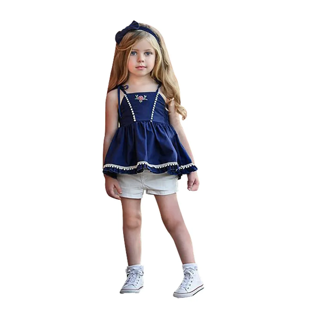 

2019 New Summer Toddler Baby Girls Sleeveless Denim Embroidery Sun-Top +Solid Shorts Outfits set Suits dropshipping