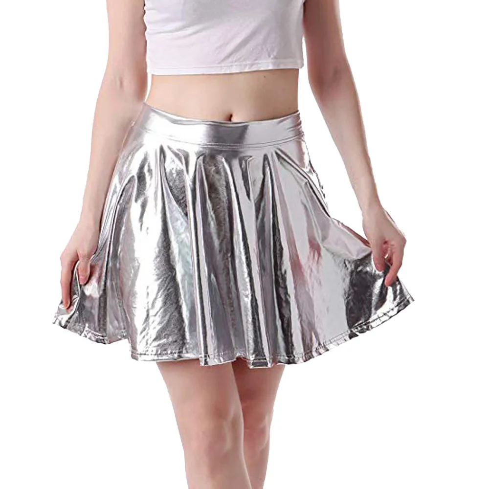 

2019 Sexy PU Flashing Metallic Colors Mini Skirts Women Elastic High Waist Pleated Skirt Flare Skirt Fashion Summer Streetwear